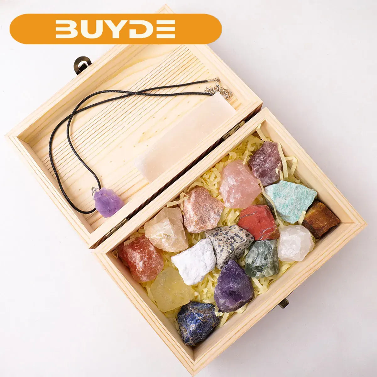 1set Wooden box gift Crystal raw stone Natural amethyst Pendant Selenite points quartz wand pillar Home Decor Collection