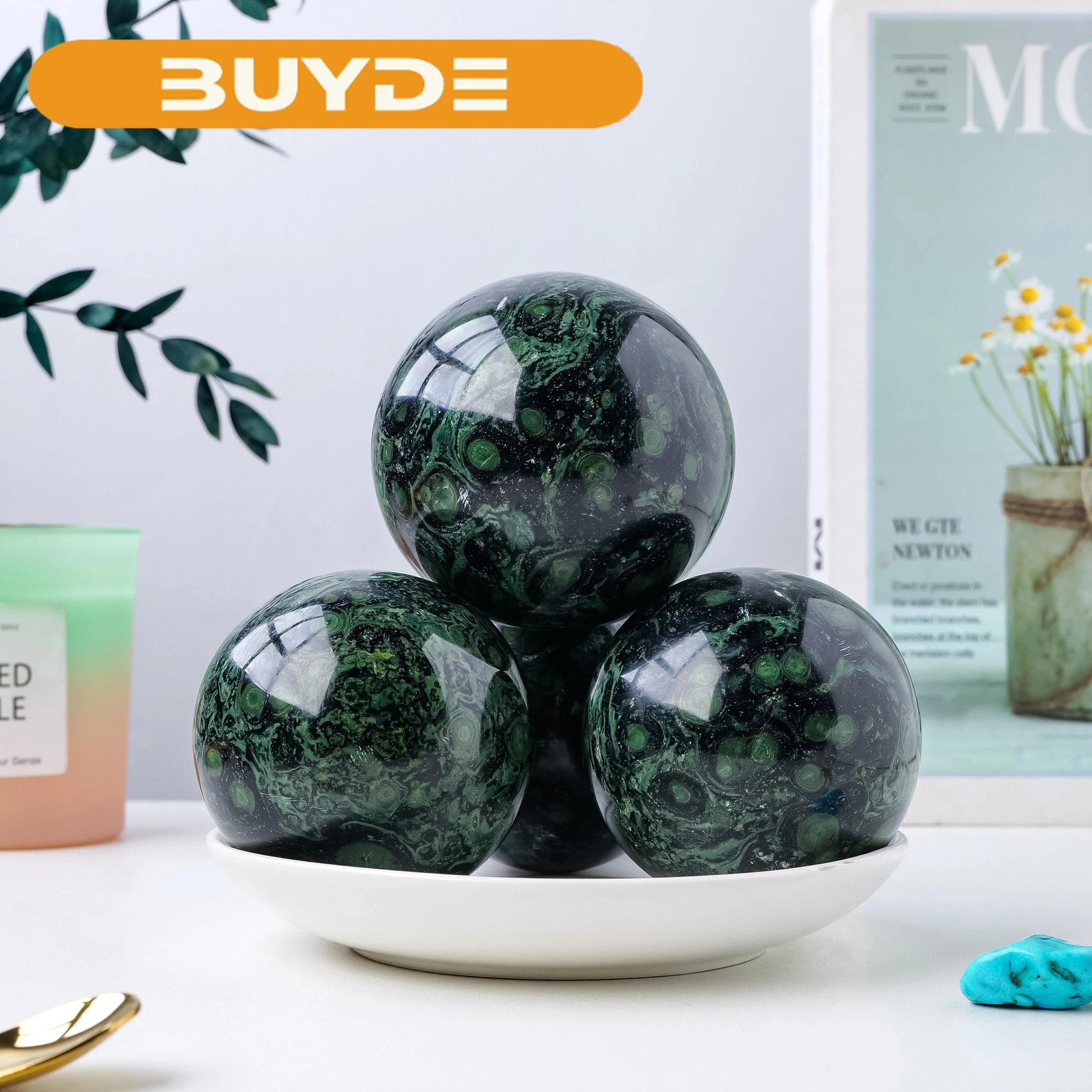 1PC Natural Polar Jade Crystal Ball Healing Crystals Sphere Peacock's Eye with Decorative Wooden Stand