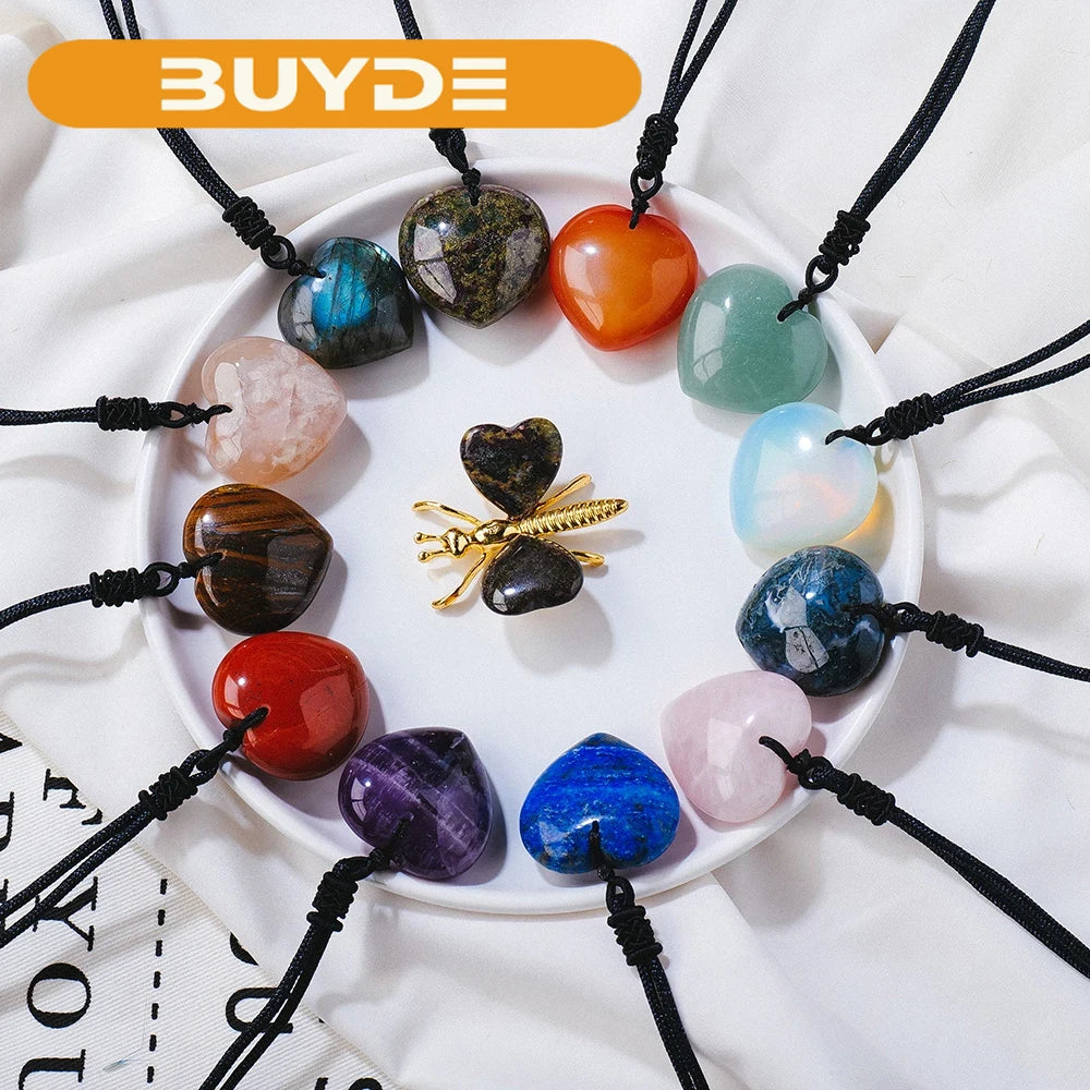 1PC Natural Crystal Gemstone Heart Shape Pendant Love Shape Energy Necklace jewelry Reiki Beloved Female Mom Mother's Day