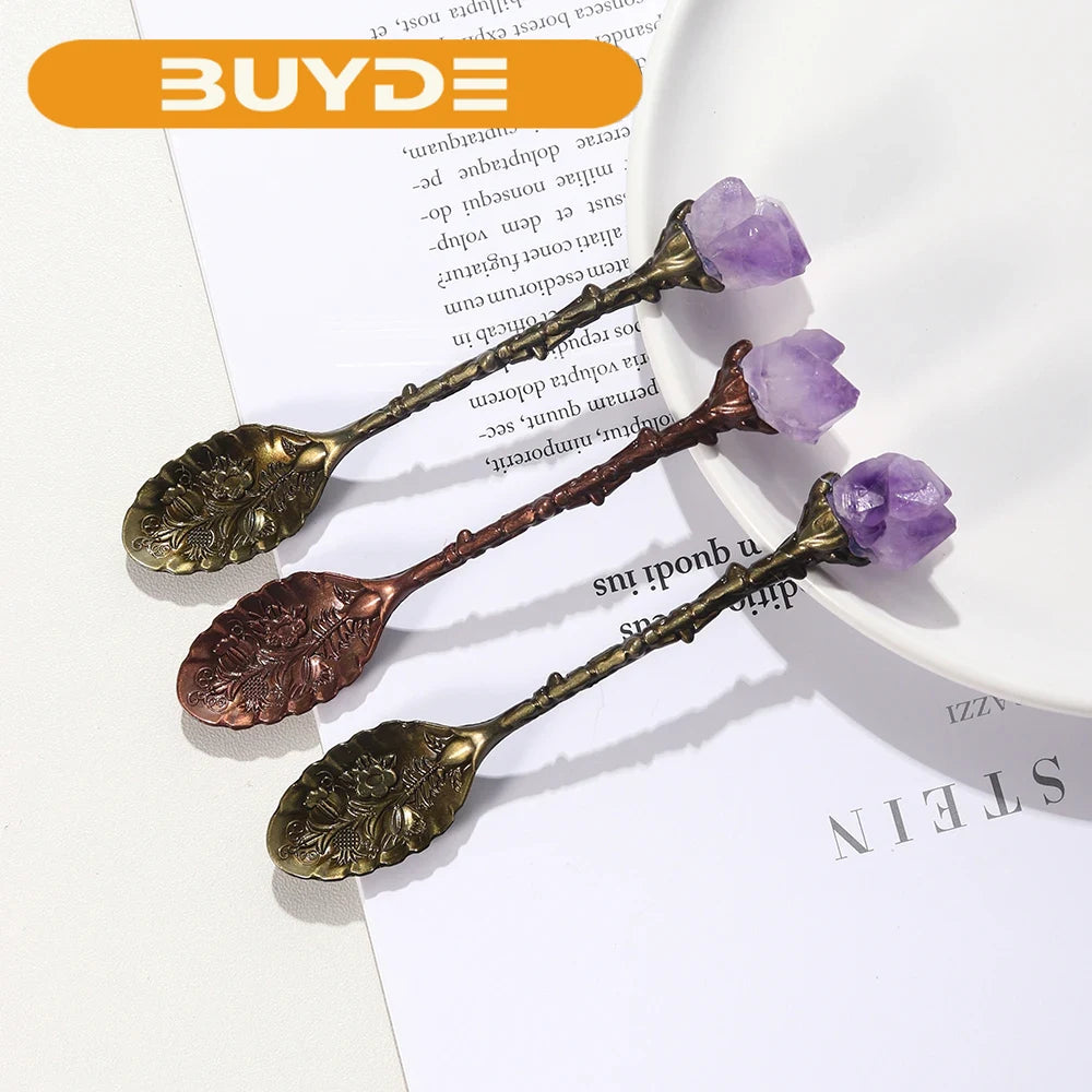 Buyde 1pc Natural Amethyst Cluster Teaspoon Energy Crystal Tooth Flower Gem Sweetmeats Spoon Decorate Gift