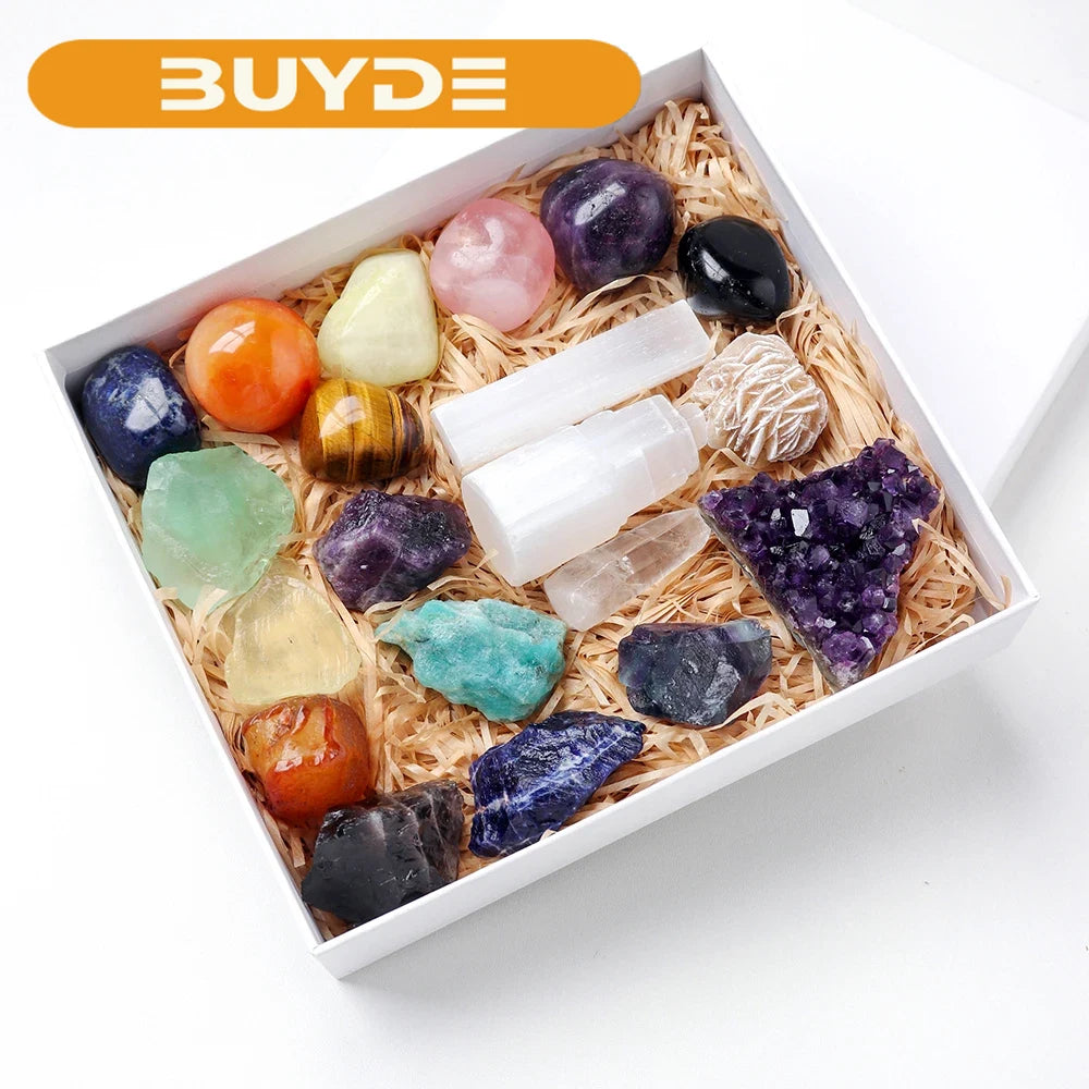 20pc Natural Crystal Gift Box Amethyst Raw Stone Treatment Gem Decoration Selenite Health Ornament