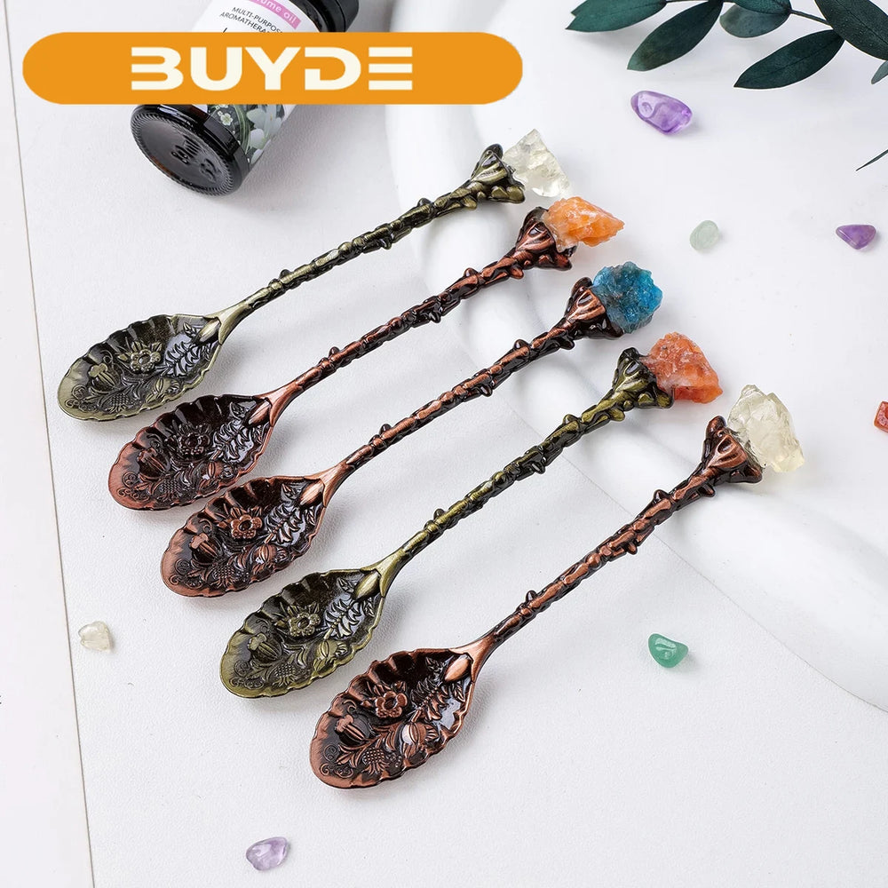 Random color 5pcs Natural Crystal Raw Gemstone Mini Spoon Healing Crystal Coffee Spoon Dessert Tea Flatware Home Decor