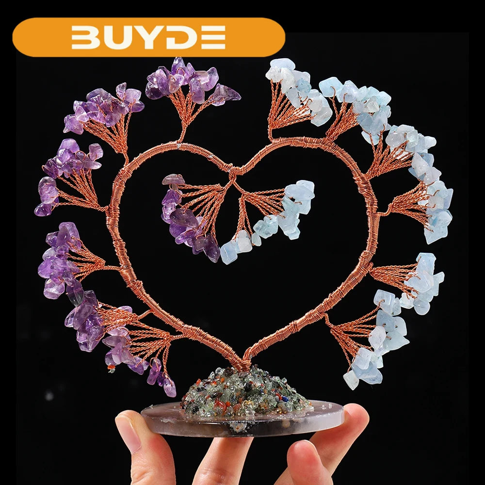 RUNYANGSHI Natural Heart Shaped Lucky Tree Quartz Gravel Handicraft Ornaments Amethyst Christmas Tree Gift