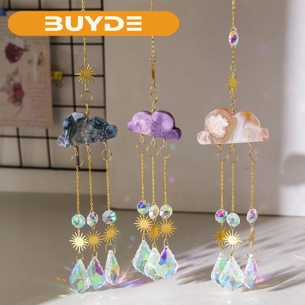 1PC Natural Crystal Cherry Agate Lepidolite Cloud Gem Carving Sun Catcher Pendant Rainbow Light Catcher Window Garden Decoration