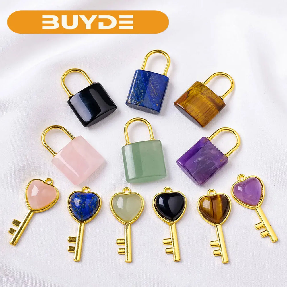 1PC Natural crystal Gemstone Lovers Lock Key Pendant Love Shape Energy Necklace jewelry Reiki Beloved Female Valentine's Day Gif