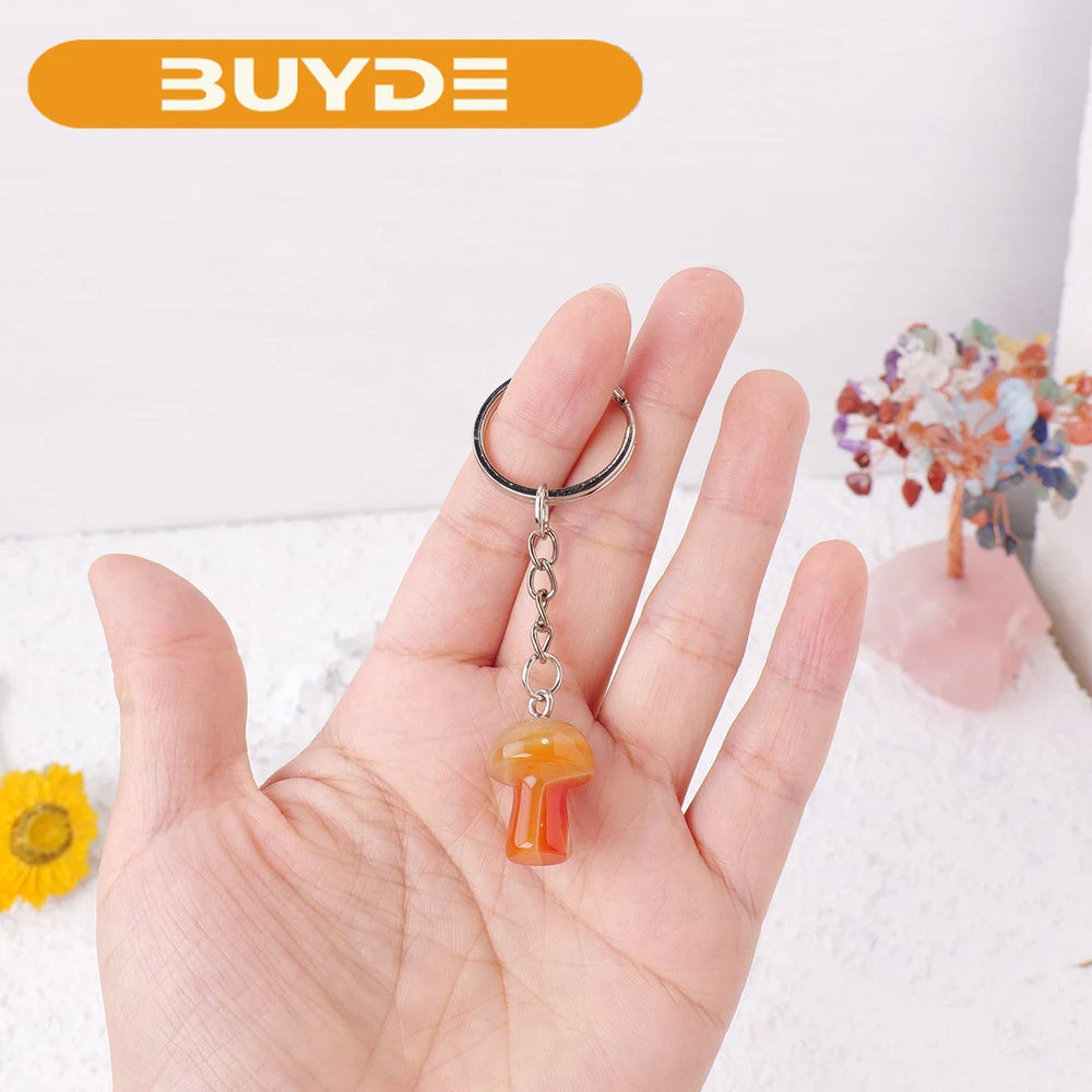 1PC Natural Gem Stone Keychains Clear Quartz Mushroom Amethyst Key Chain For DIY Car Key Rings Chains