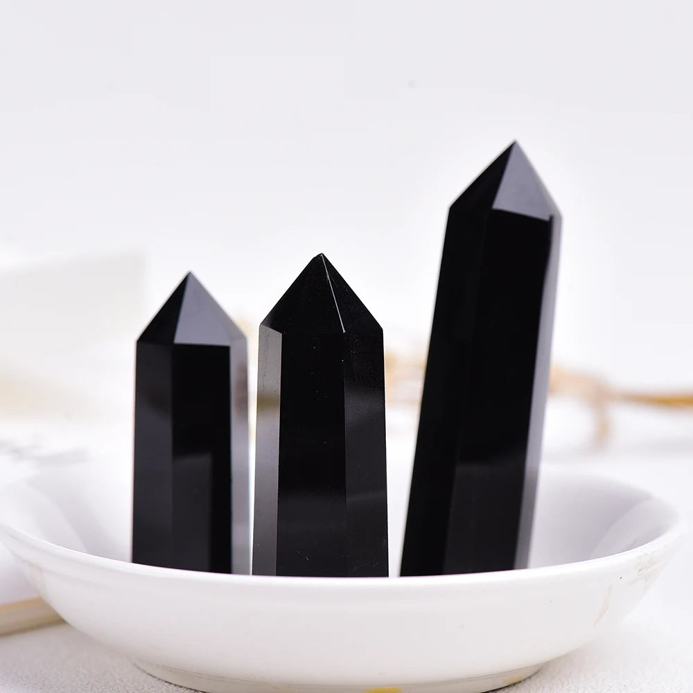 4-7cm 1PC Natural black Crystal Point Hexagonal obsidian crystal Column Mineral Ornament Magic Repair Home Decoration