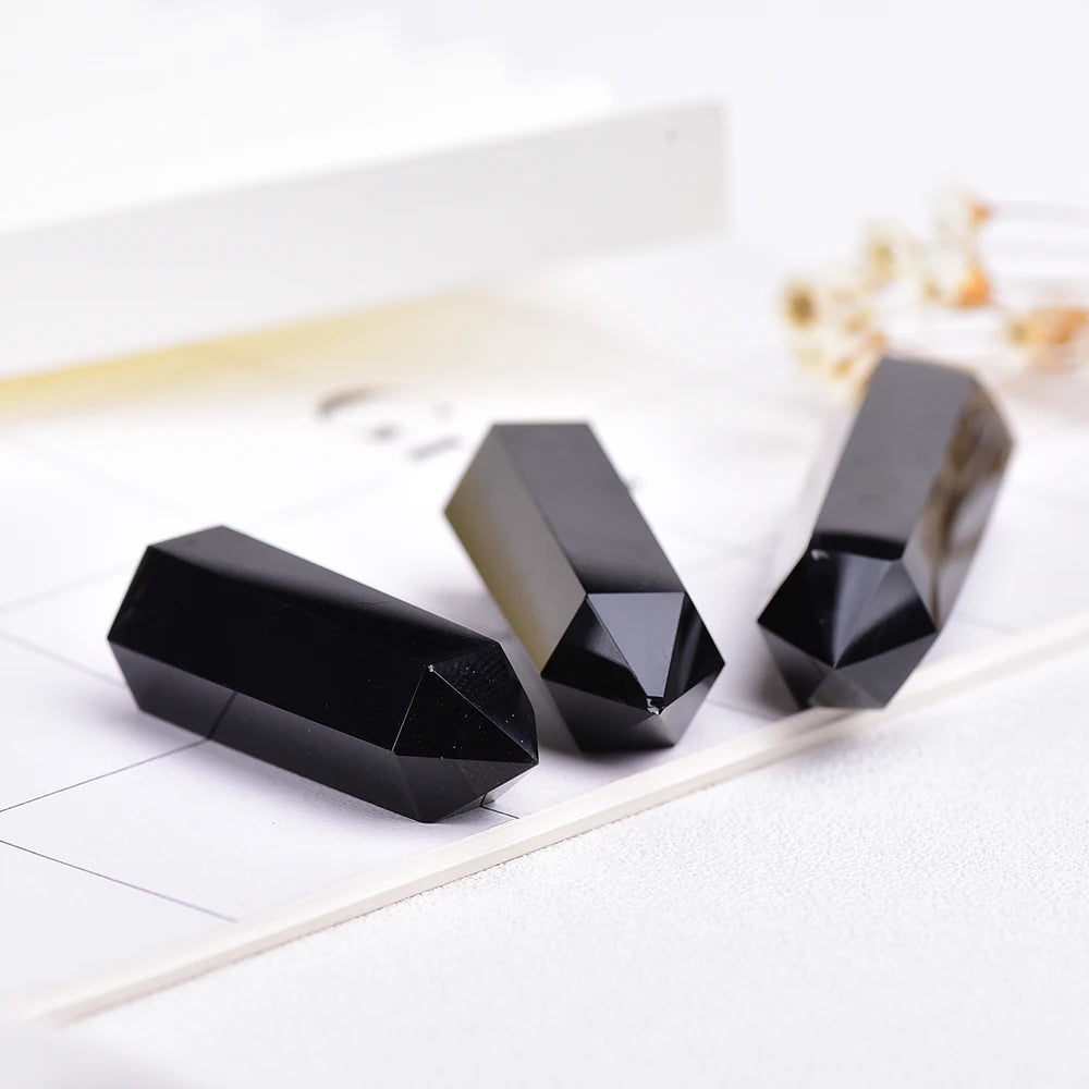 4-7cm 1PC Natural black Crystal Point Hexagonal obsidian crystal Column Mineral Ornament Magic Repair Home Decoration