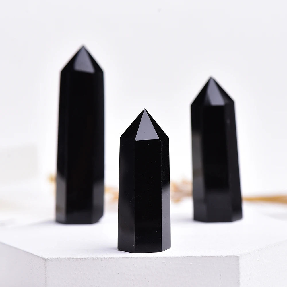 4-7cm 1PC Natural black Crystal Point Hexagonal obsidian crystal Column Mineral Ornament Magic Repair Home Decoration