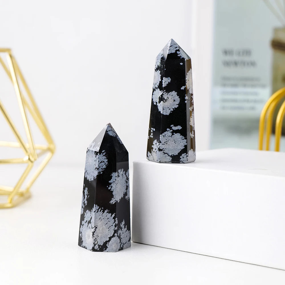 40-60mm Natural Crystal Point Healing Stone Black Snow Obsidian Hexagonal Prisms Obelisk Wand Stone Home Decor 1PC