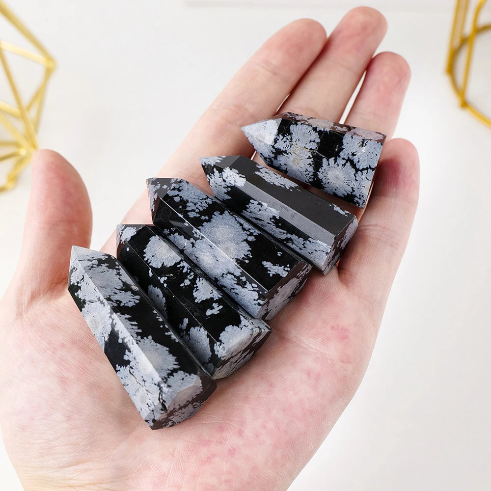 40-60mm Natural Crystal Point Healing Stone Black Snow Obsidian Hexagonal Prisms Obelisk Wand Stone Home Decor 1PC