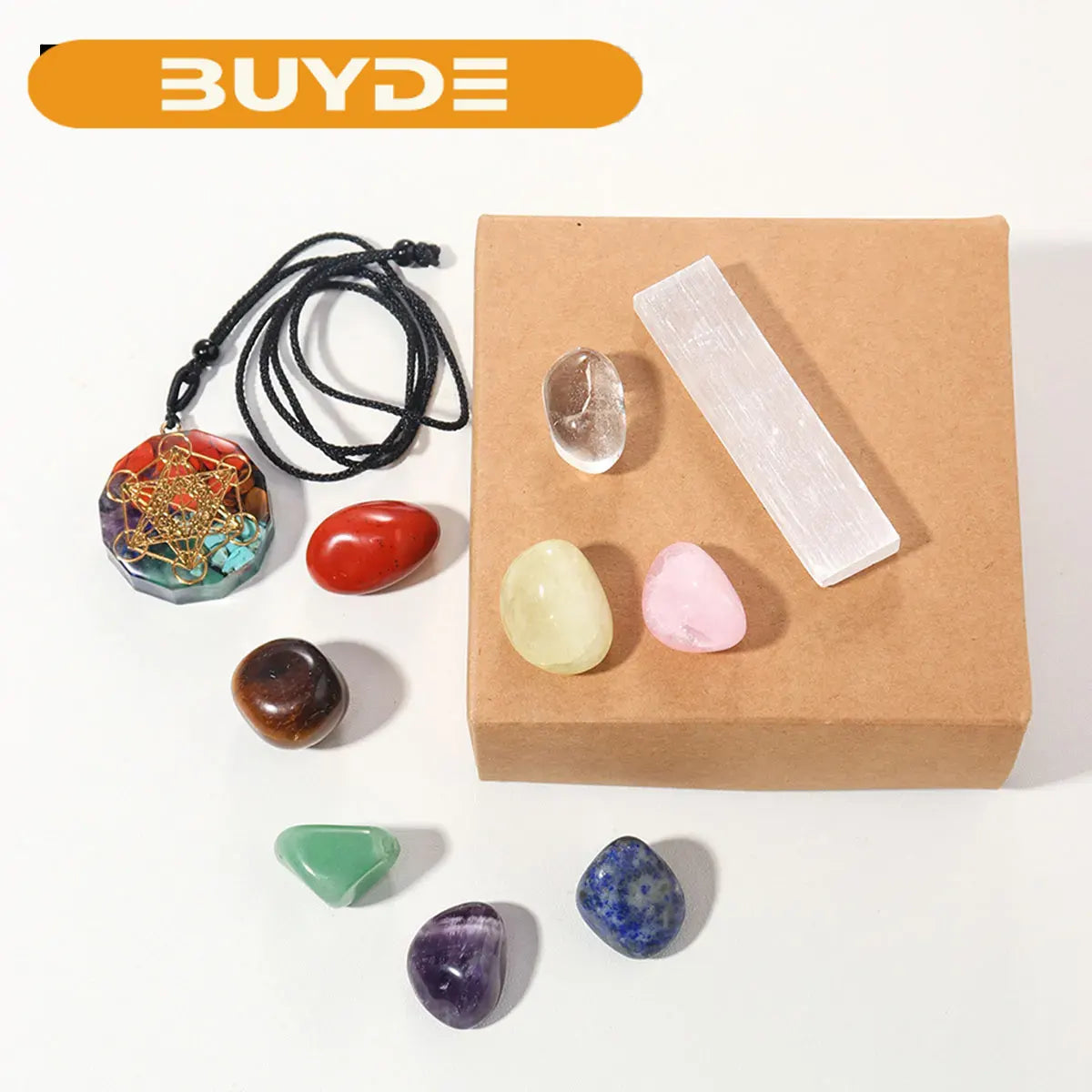 1set Natural Healing Gemstone White Selenite Seven Chakra Rolling Stone Raw Stone Pendant Yoga Gift Box