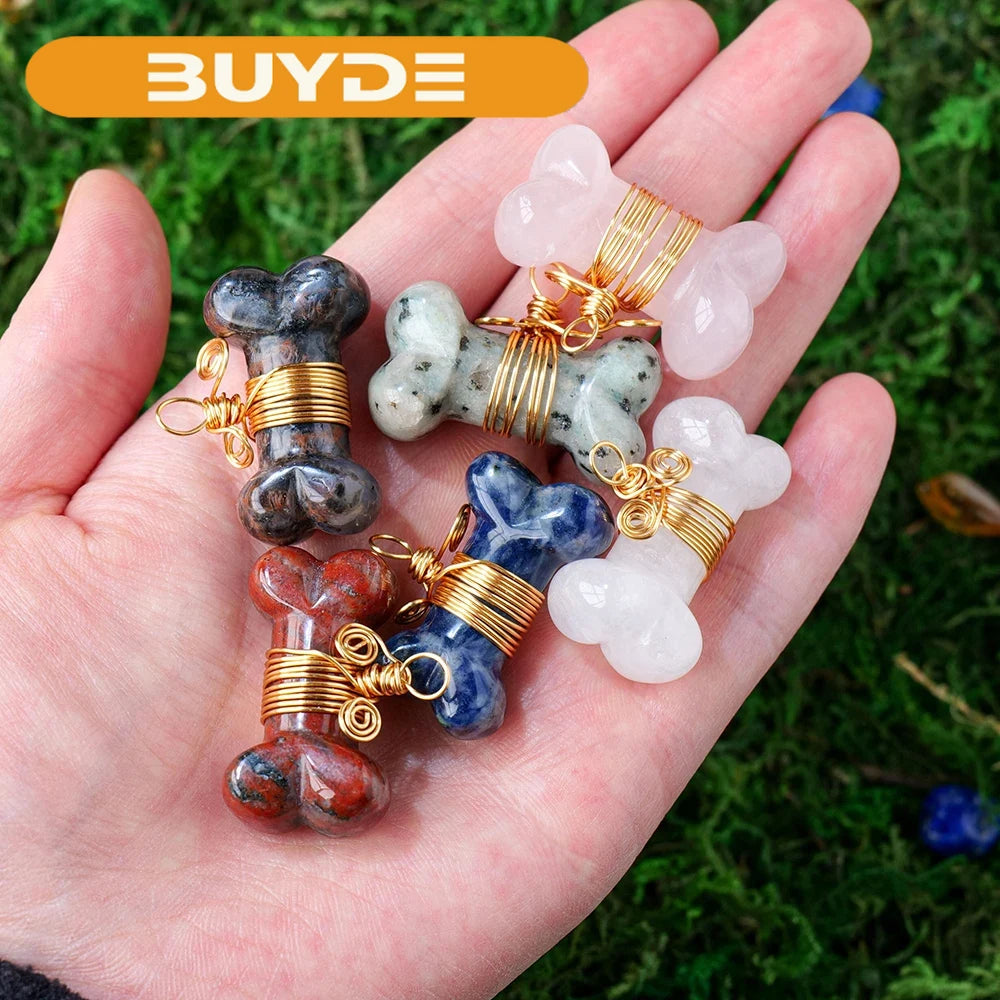 Natural Stone Dog Bone Statue Crystal Pendant Mini Handmade Carved Crafts Figurine Healing Crystal Trinket Gift Jewelry