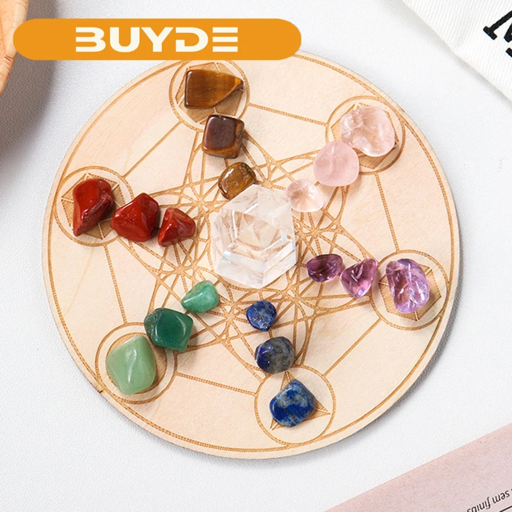 Natural Seven Chakra Crystal Gravel Yoga Wood Base Set Healing Gem Clear Quartz Energy Decoration