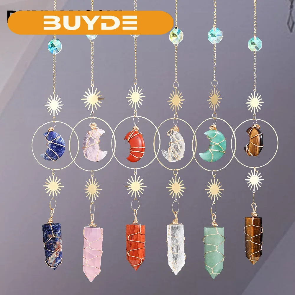 Natural Crystal Handmade Wind Chime Rose Quartz Dream Moon Sun Catchers Pendant Window Hanging Ornament Home Room Decor Gift