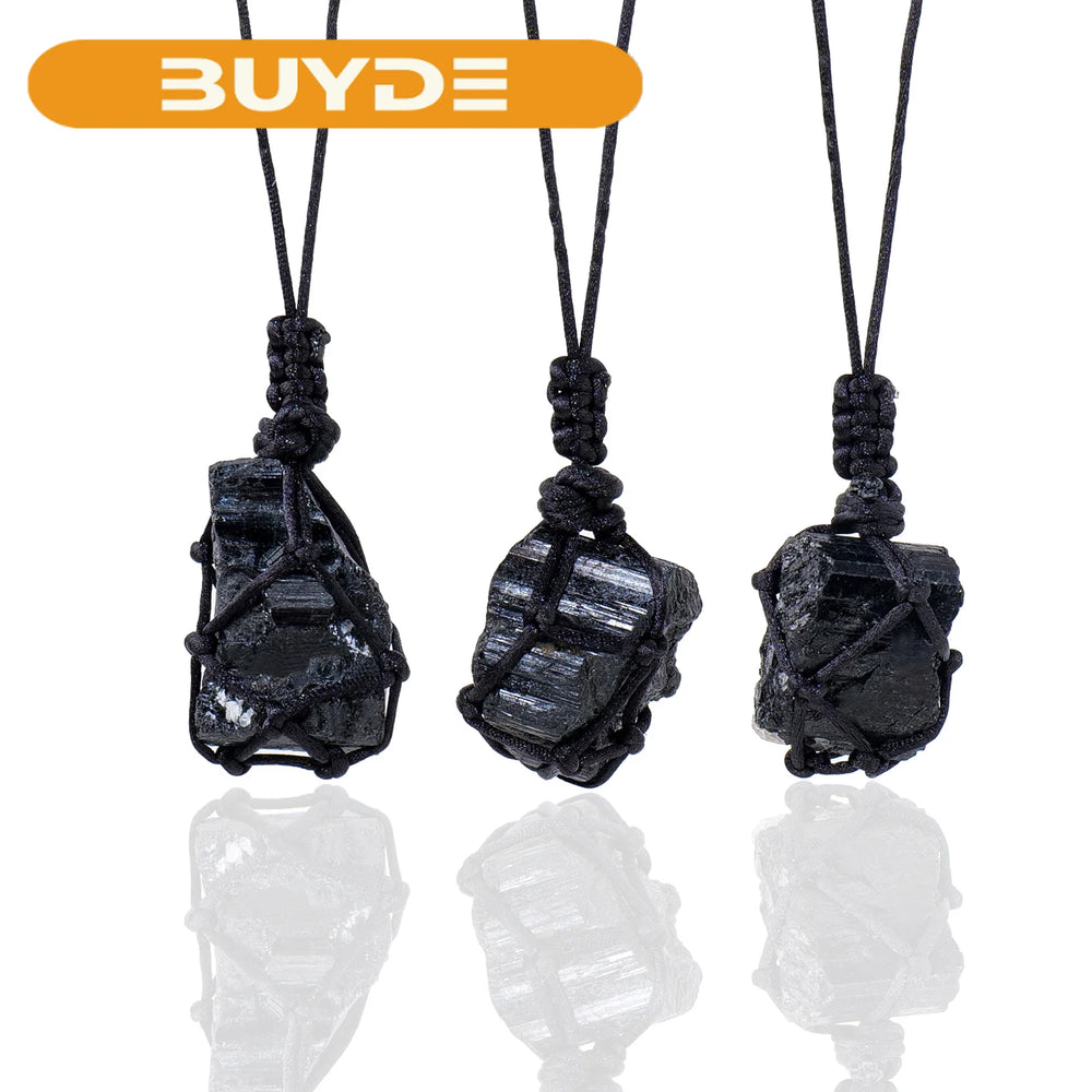 1PC Natural Crystal Black Tourmaline Raw Stone Unpolished Jet Stone Net Bag Pendant Necklace For Men's Gifts