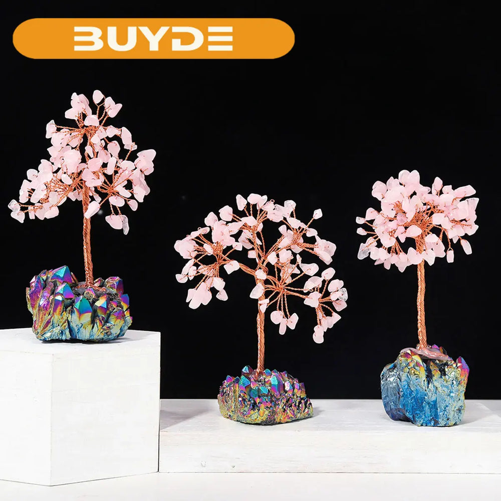 1pc Natural crystal stone Rose Quartz Crystal Electroplating Color Cluster Specimen Lucky tree Healing Christmas decorator