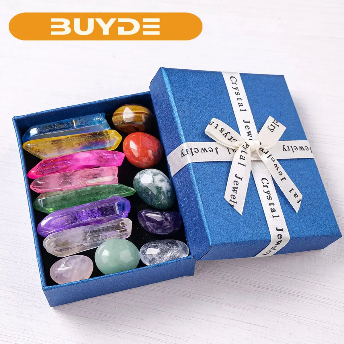 14pcs / box Natural Seven Chakra Therapy Electroplate Stone Rose Quartz Healing Gemstone Bracelet Crystal Heart Chakra Box