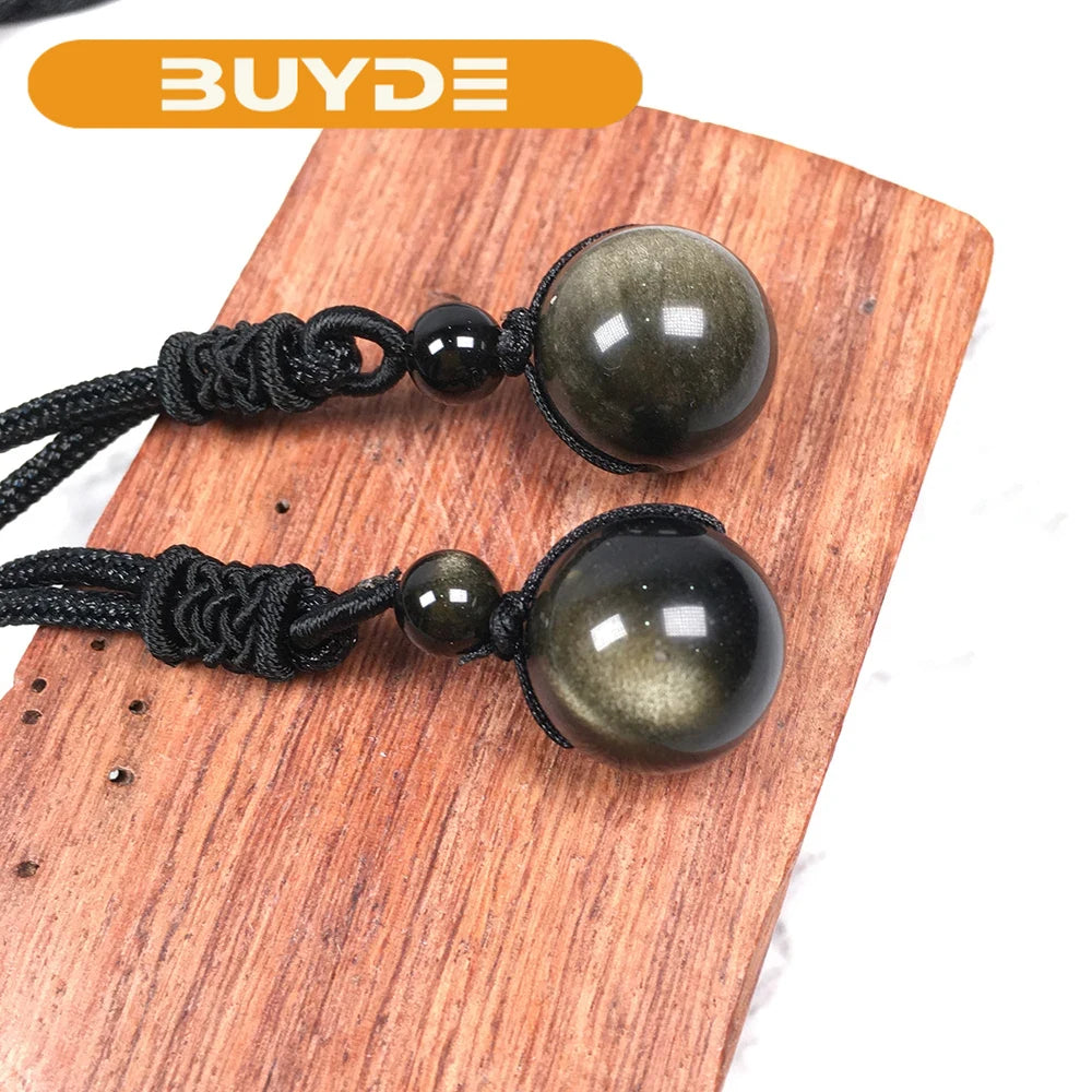 Buyde 1pc golden Obsidian 15mm Bead Pendant Necklace Drop Shipping Good Luck Jewelry For Woman Men