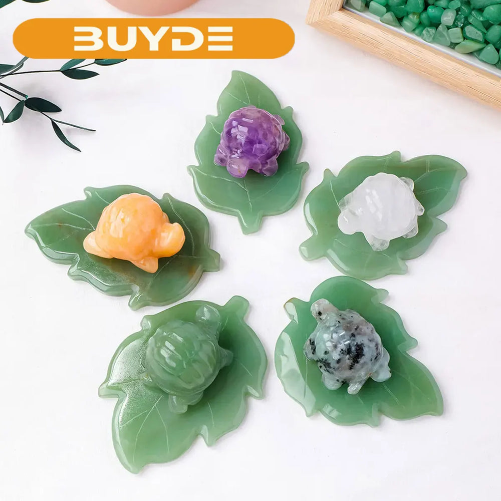 1pc Natural Stone Healing Gemstone Cartoon Leaf Turtle Clear Quartz Animal Carving Home Decor Fish Tank Crafts