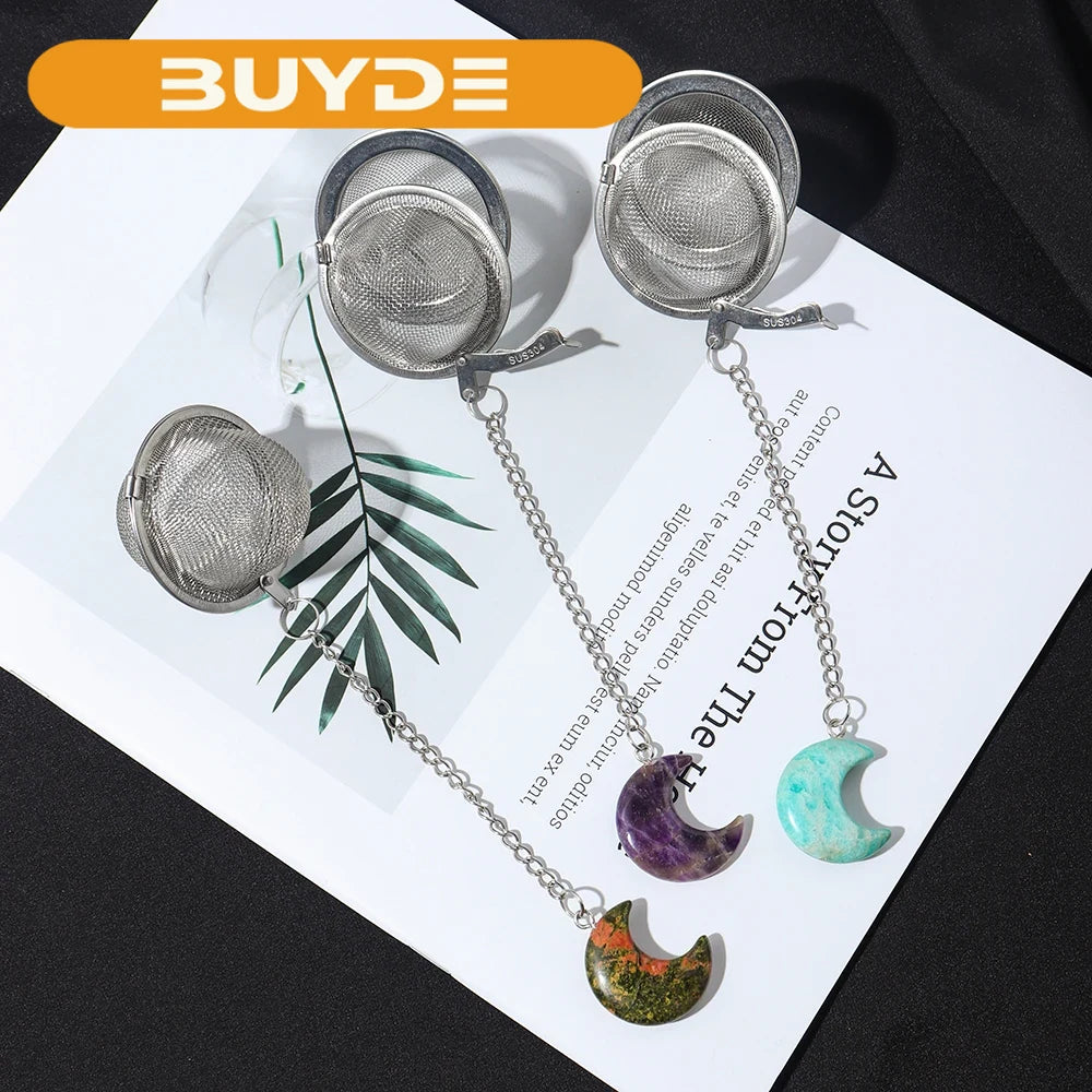 1PC Natural Crystal Moon Sculpture 304 Stainless Steel Tea Maker Tea Filter Moon Type Rose Quartz Pendant Decorative