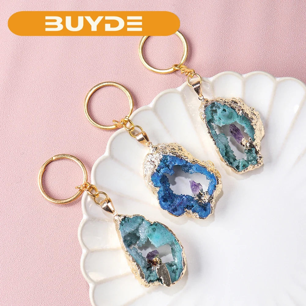 Natural Agate Cave Inlaid Amethyst Key Chain Energy Crystal Pendant Quartz Backpack Pendant Gem Decorative Gift