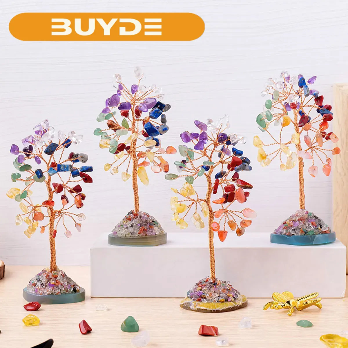 1PC Natural Crystal Lucky Tree Copper Wire Winding Colorful Gravel With Agate Slice Base Home Decoration Money Trees