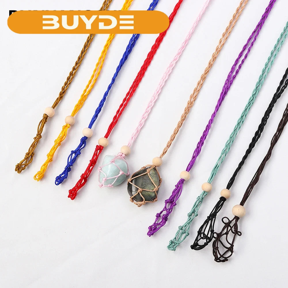 1pc Adjustable Length Pendant Wooden Beads Net Bag Cord Empty Stone Holder Necklace Crystal Raw Stone Wax Rope DIY Pendant