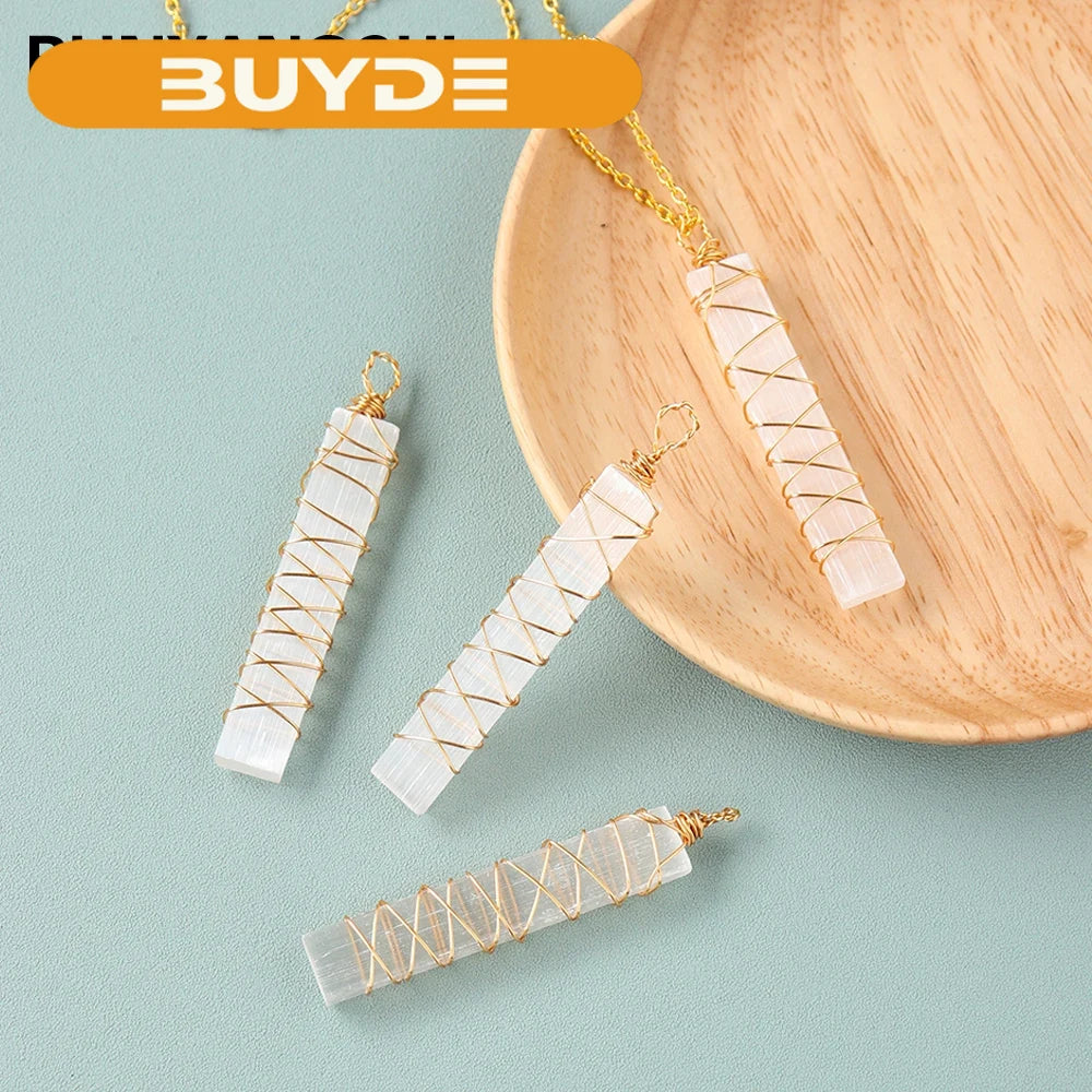 Handmade 1pc Natural Healing Raw Stone White Selenite Gold Chain Pendant Reiki Energy Crystal Necklace Men Women Jewelry Gift