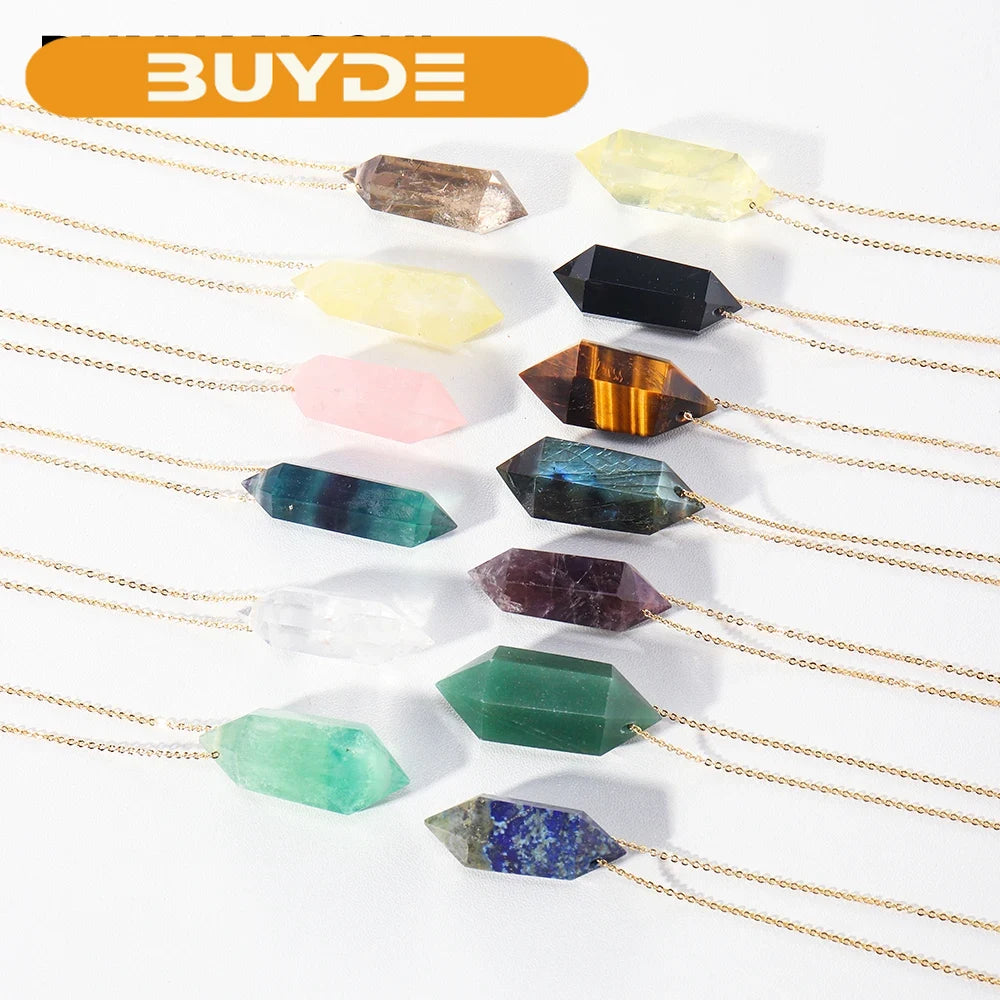 1pc Natural Gemstone Double Pointed Crystal Column Pendant Amethyst Quartz Reiki Necklace For Women Men Jewelry Gift