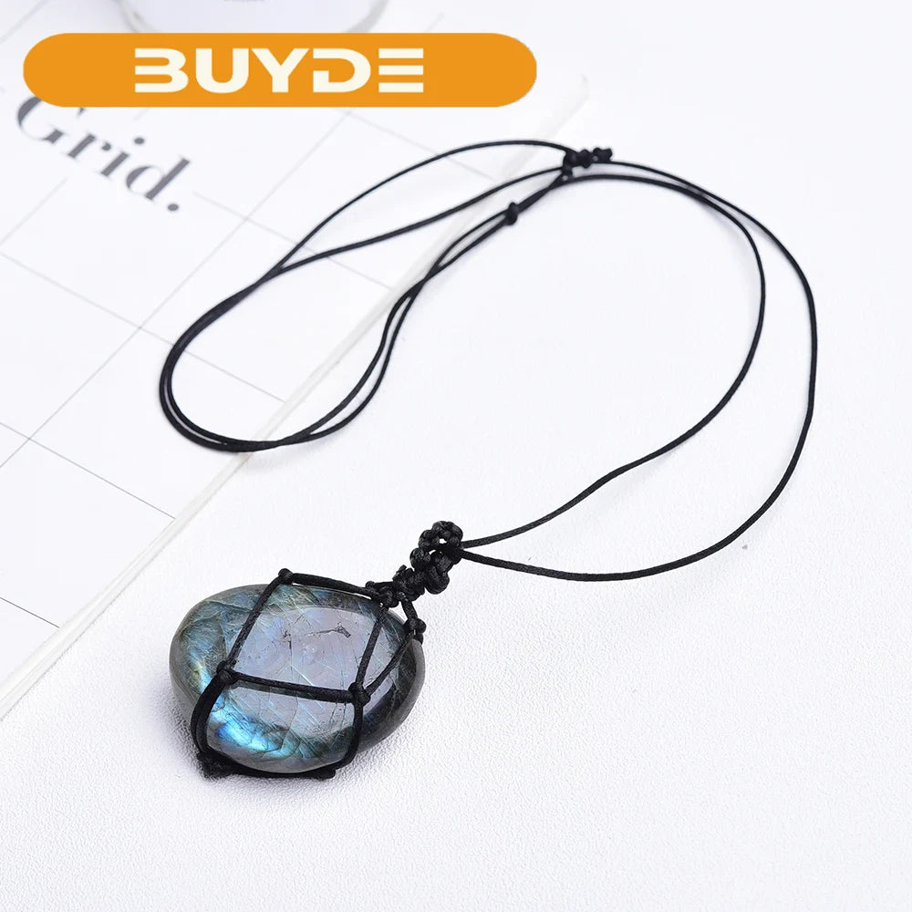 Buyde 1pc Natural crystal original stone pendant  labrador feldspar Hand woven mesh Necklace Moonstone Gemstone ornament