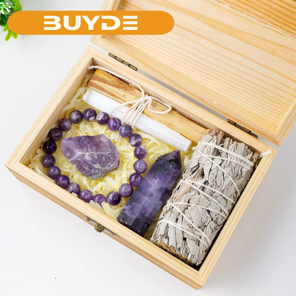 Natural Crystal Stone Smudge Stick Rose Quartz Amethyst Magic Wand Bracelet Divination and Witchcraft Wooden Gift Box