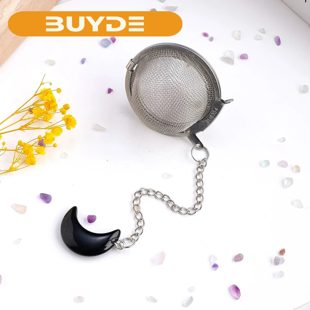 Natural Crystal Obsidian Stone Moon Shape Stainless Steel Tea Leak Proof Mesh Filter With Chain Teapot Infuser Spice Strainer