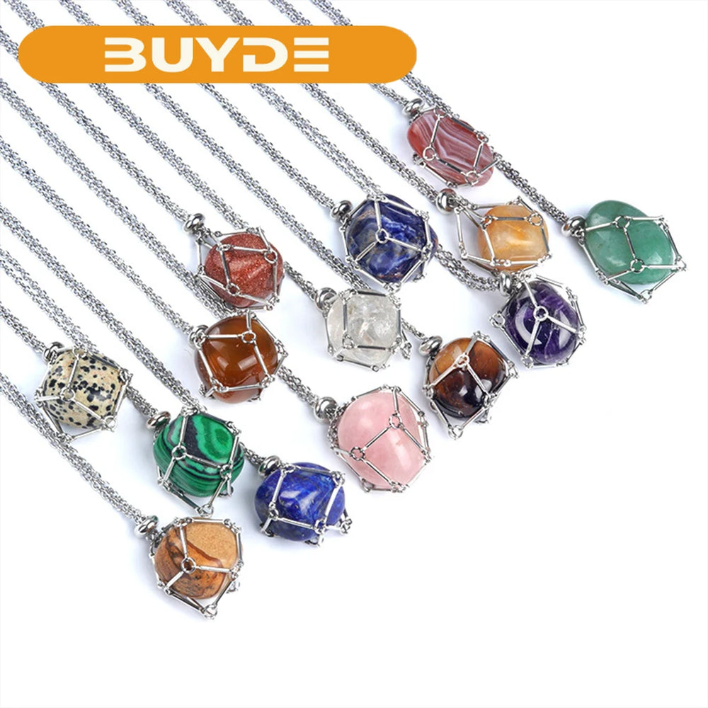 1PC Natural Crystal Tumble Stone Metal Net Pendant DIY Jewelry Fashion Party Gift Valentine Necklace