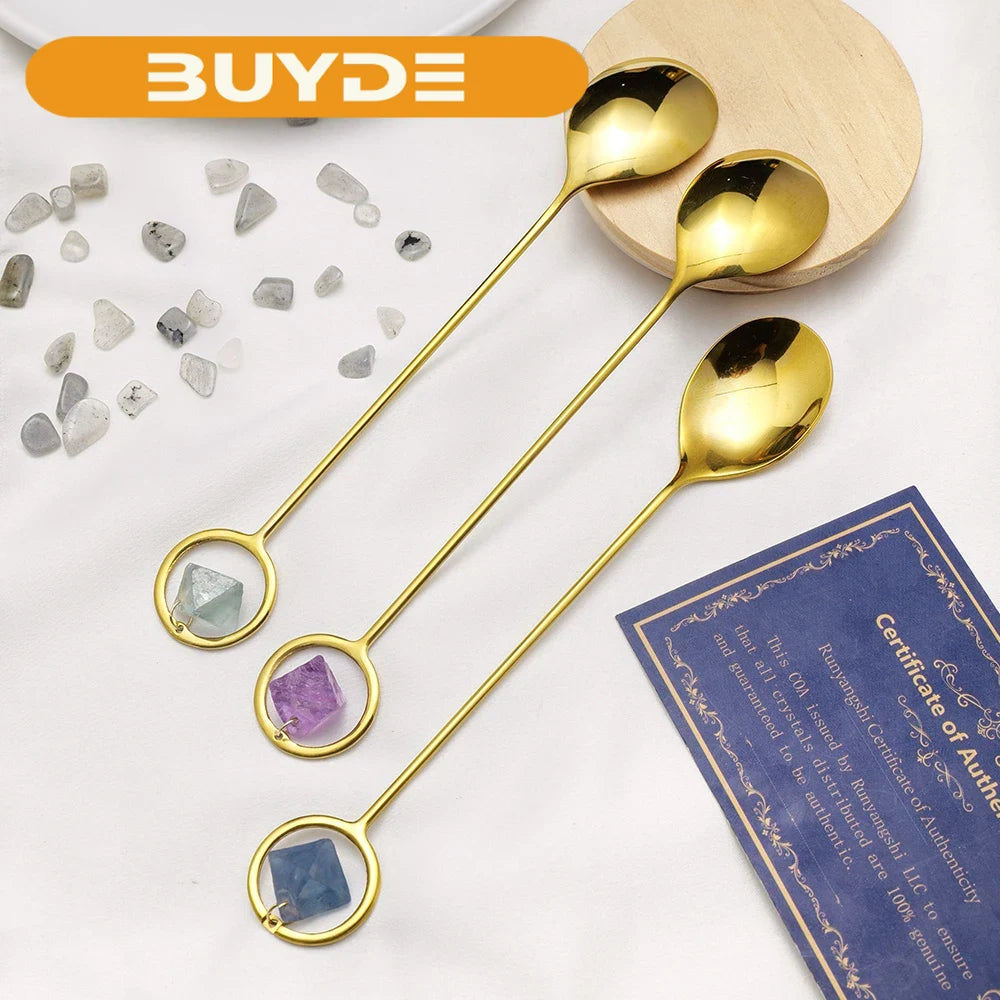 Natural Crystal Spoon Colorful Fluorite Polyhedral Decorative Gem Small Coffee Tea Mini Spoon Cafeteria Station Accessories