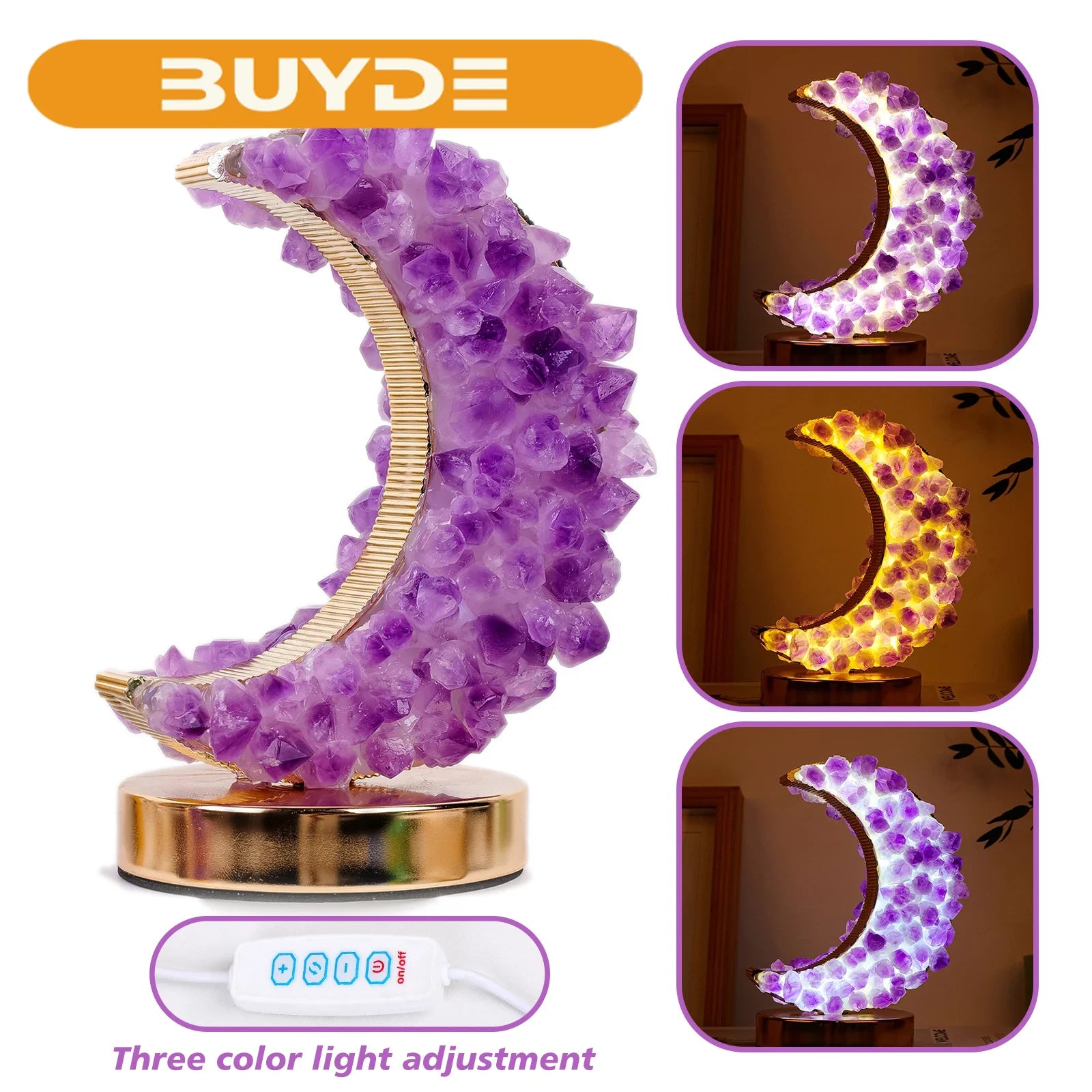 1PC Natural Crystal Amethyst Tooth Citrine Tooth Moon Three Colors Are Adjustable USB Interface Bedroom home decoration