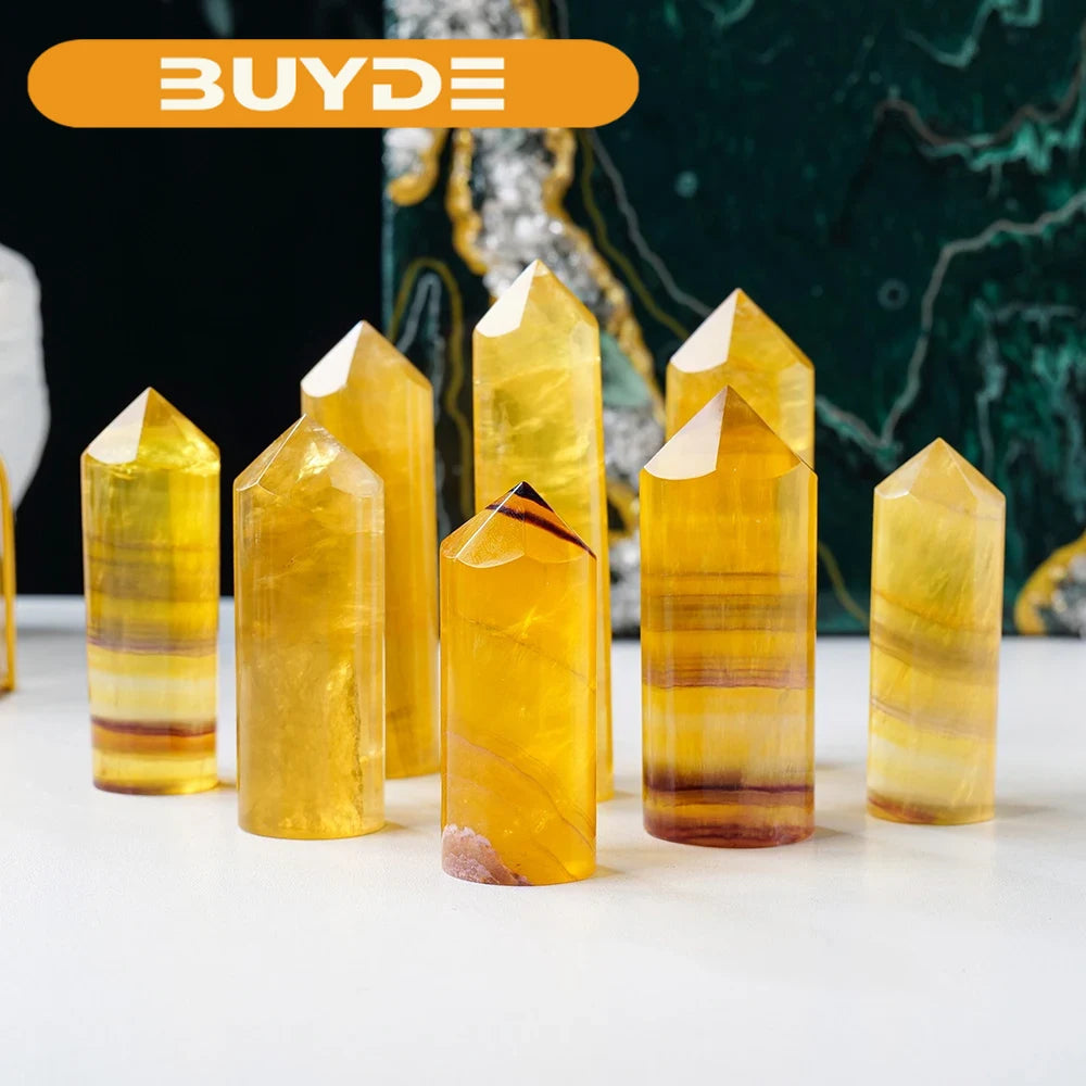 Natural Healing Crystal Tower Yellow Fluorite Crystal Cylinder Magic Point  Meditation Home Decor Collection Gift