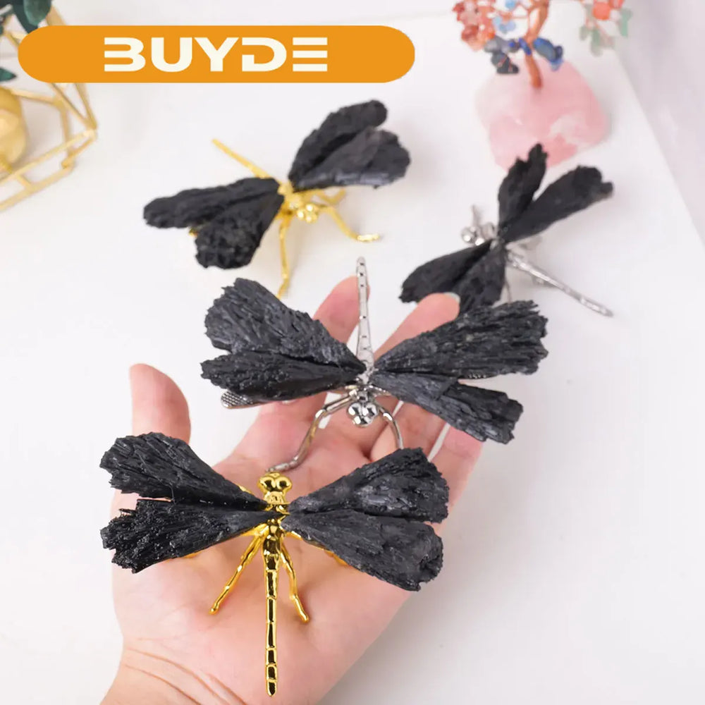 1pc Natural Crystal Stone Black Tourmaline Flame Feather DIY Dragonfly Animal Divination Decoration Wholesale Home Decoration