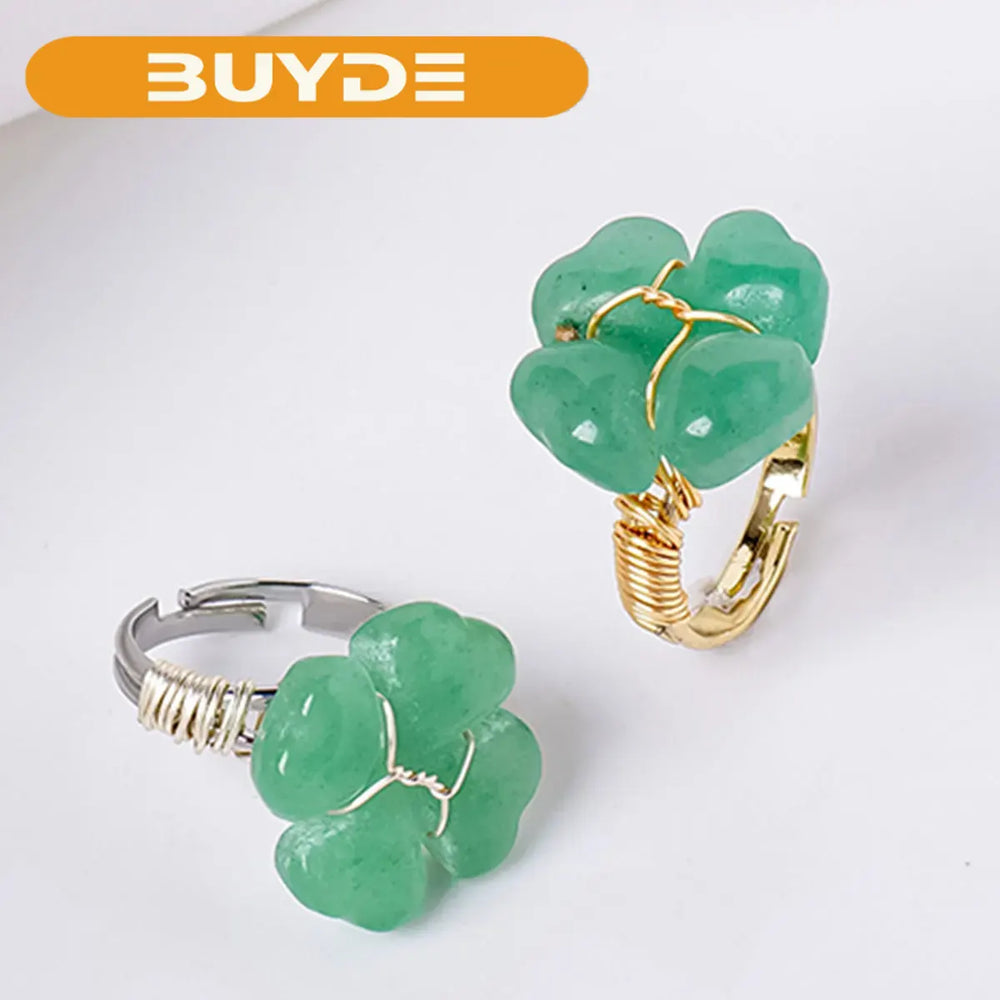 1PC Natural  Aventurine Quartz Clover Ring Bracelet Women's Jewelry Carving Ring Quartz Crystal Jewelry