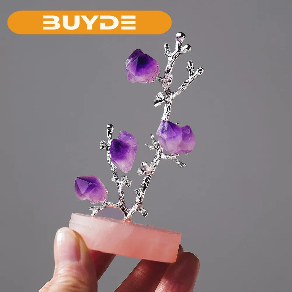 1pc Natural Amethyst Flowers Crystal Lucky Tree Rose Quartz Base Gemstone Reiki Chakra Feng Shui Trees Home Decor