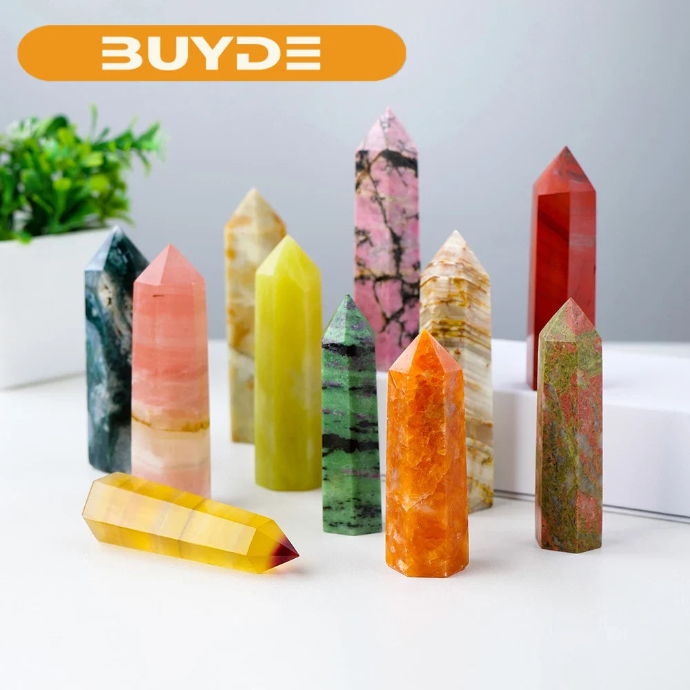 1pc Crystal Tower Point Wand Reiki Healing Stone Rose Quartz Amethyst Energy Ore Mineral Polished Crafts Home Decoration