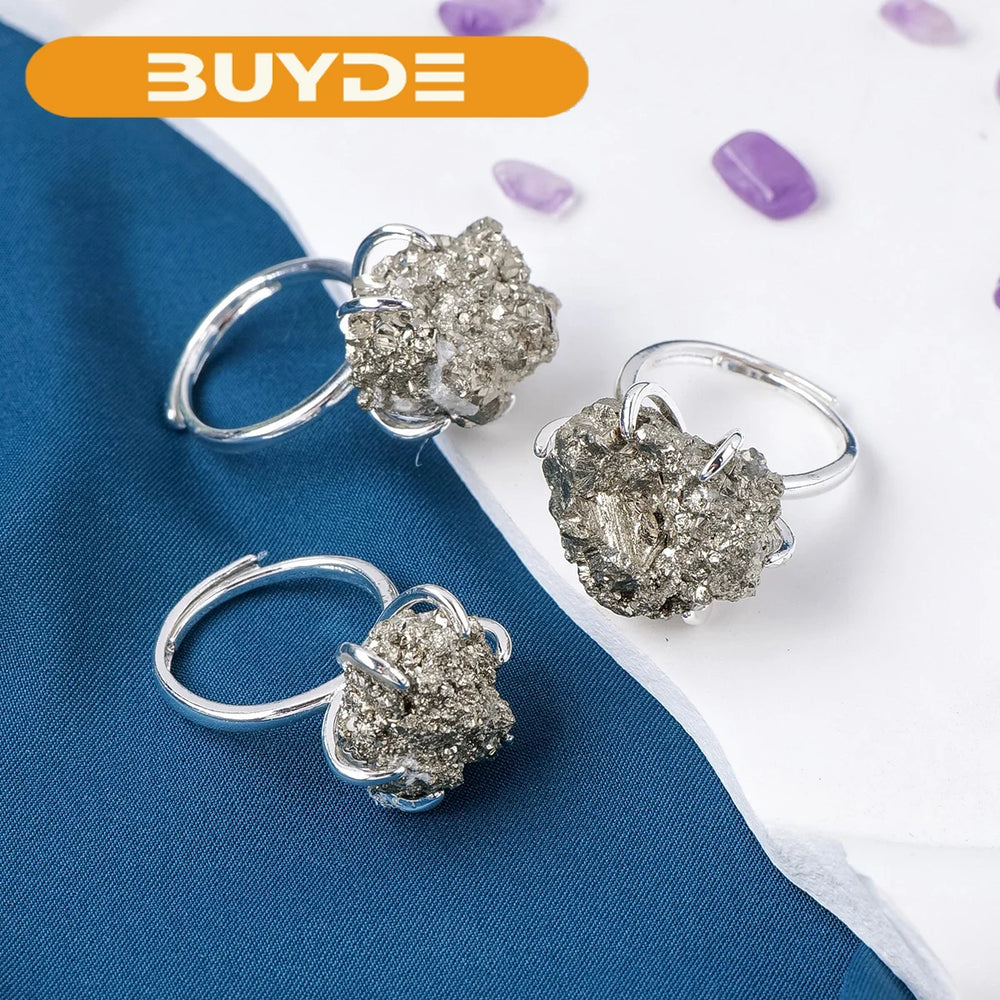 1PC Natural Crystal Rough Stone Chalcopyrite Irregular Crystal Cluster Grab Pyrite Adjustable Ring Gift