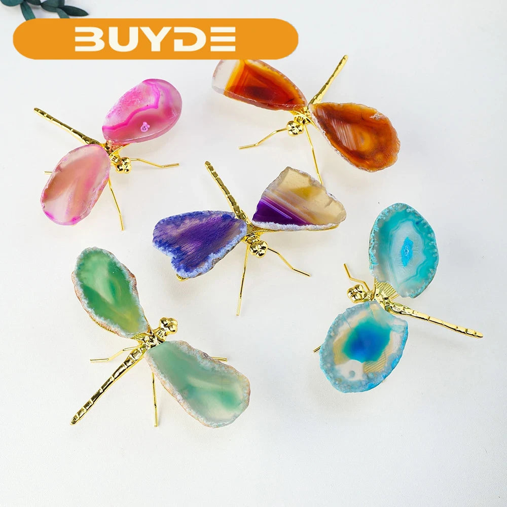 1pc Natural Crystal Colourful Agate Slice DIY Dragonfly Brass Accessories Children's Day Gifts Home Decoration