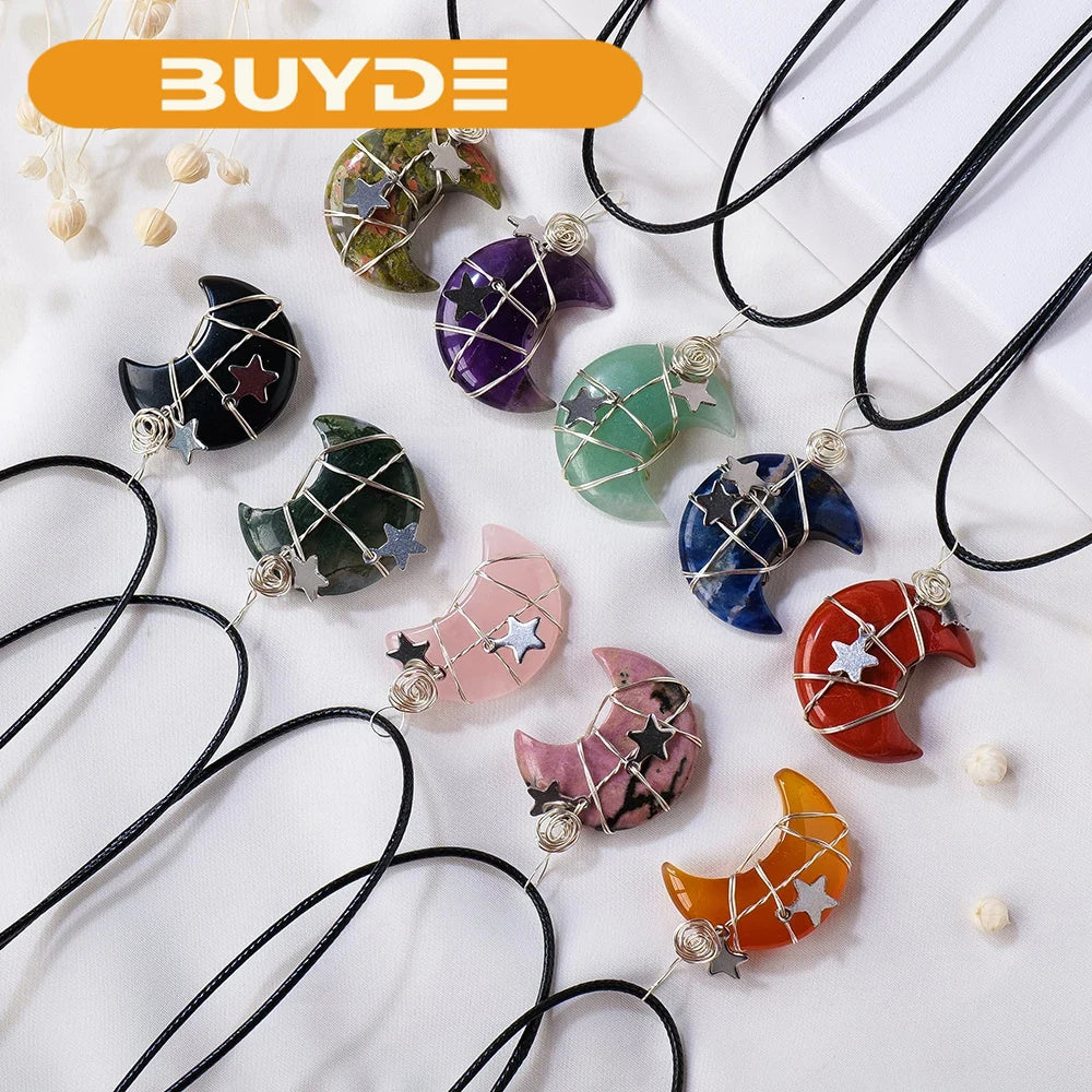 1PC Natural Stone Moon and Star Healing Crystal Chakra Pendant Necklace  For Women Exquisite Jewelry