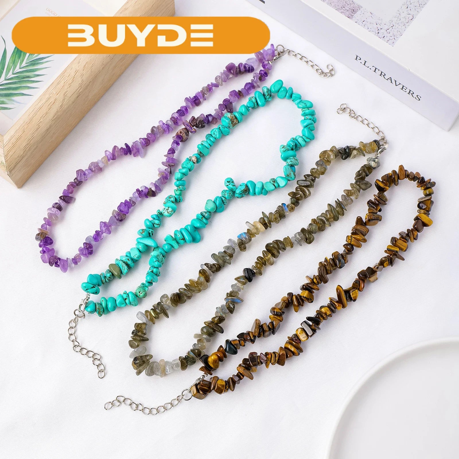 1PC Natural Stone Amazonite Rose Quartz Amethyst Crystal Beaded Choker Necklace for Women Gravel Chip Pendant