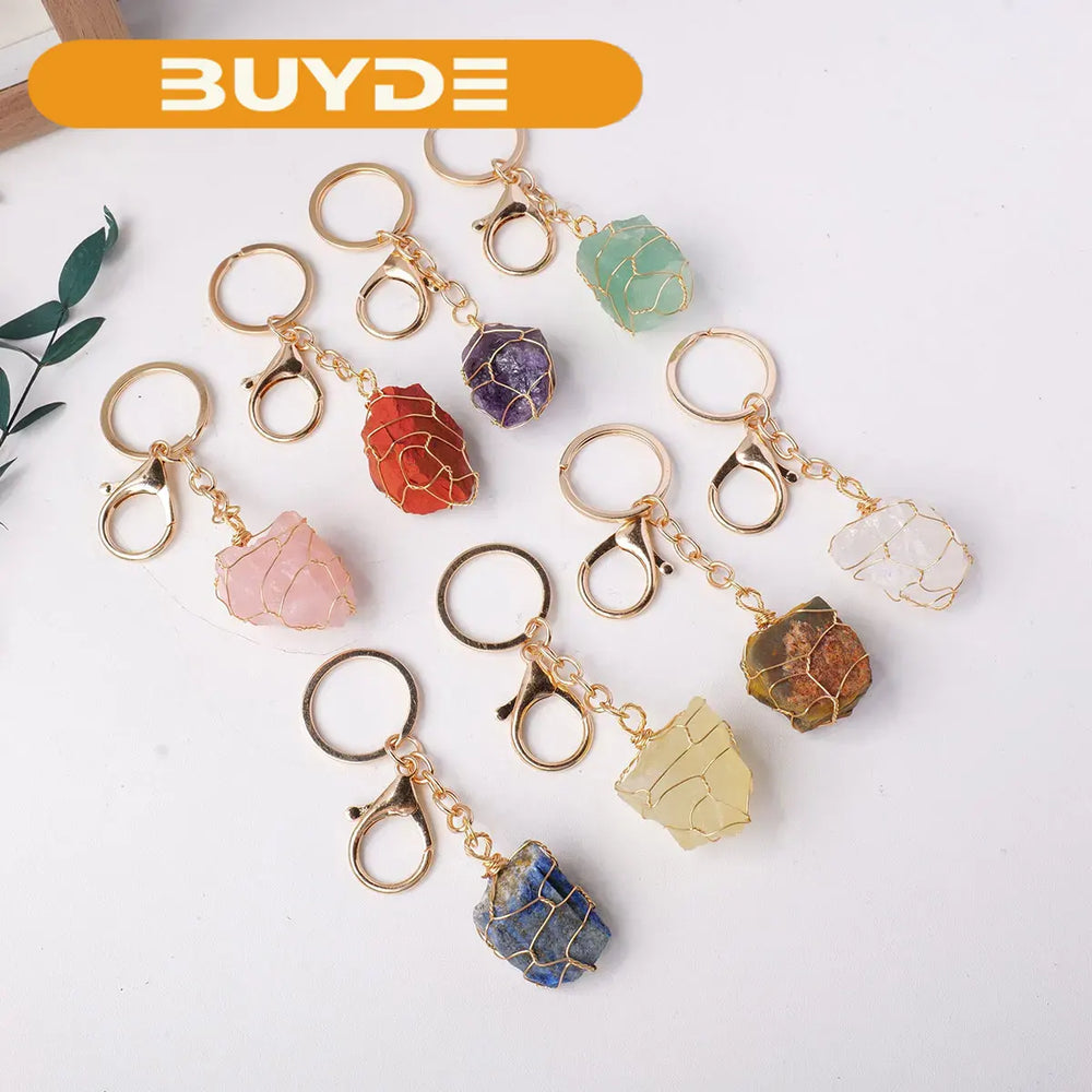 1PC Natural Gem Stone Keychains Clear Quartz Rough Stone Amethyst Key Chain For DIY Car Key Rings Chains