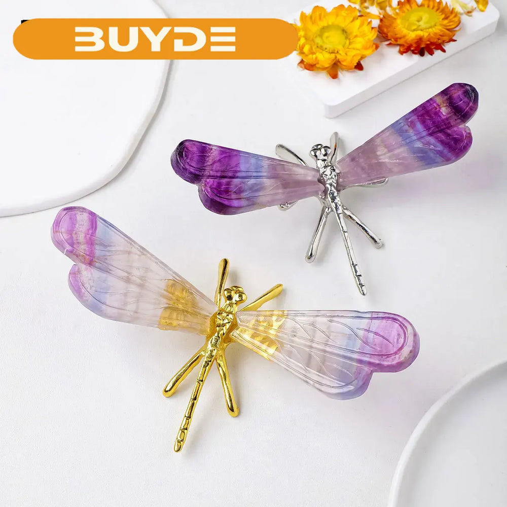 1PC Natural Rainbow Fluorite Dragonfly Statue Crystal Stone Carving Gemstone Crafts Decoration Home Decoration Gifts