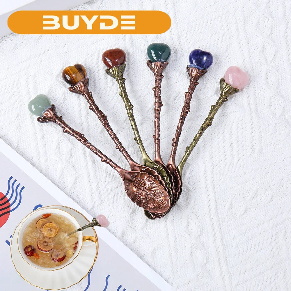 Buyde 1pc Natural Crystal Heart Teaspoon Energy Rose Quartz Kitchen Decoration Dessert Spoon Mother Gift