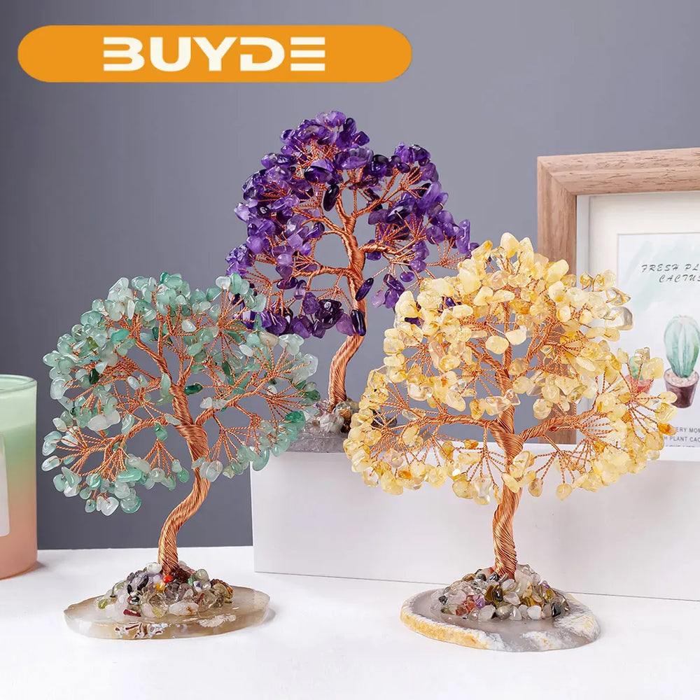 1PC Natural Crystal Lucky Tree Copper Wire Winding Colorful Gravel With Agate Slice Base Home Decoration Money Trees