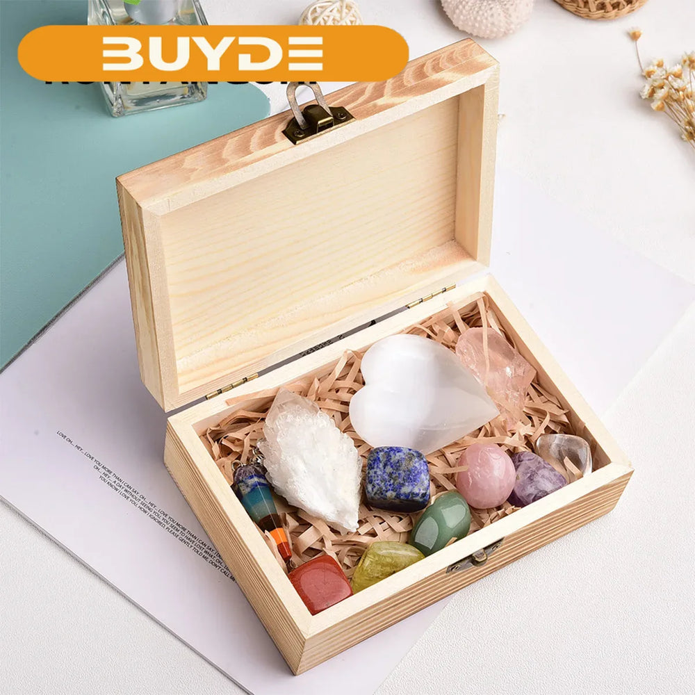 Hot Selling Chakra Stone Box Crystal Healing Stone Energy Collection Wooden Box Set